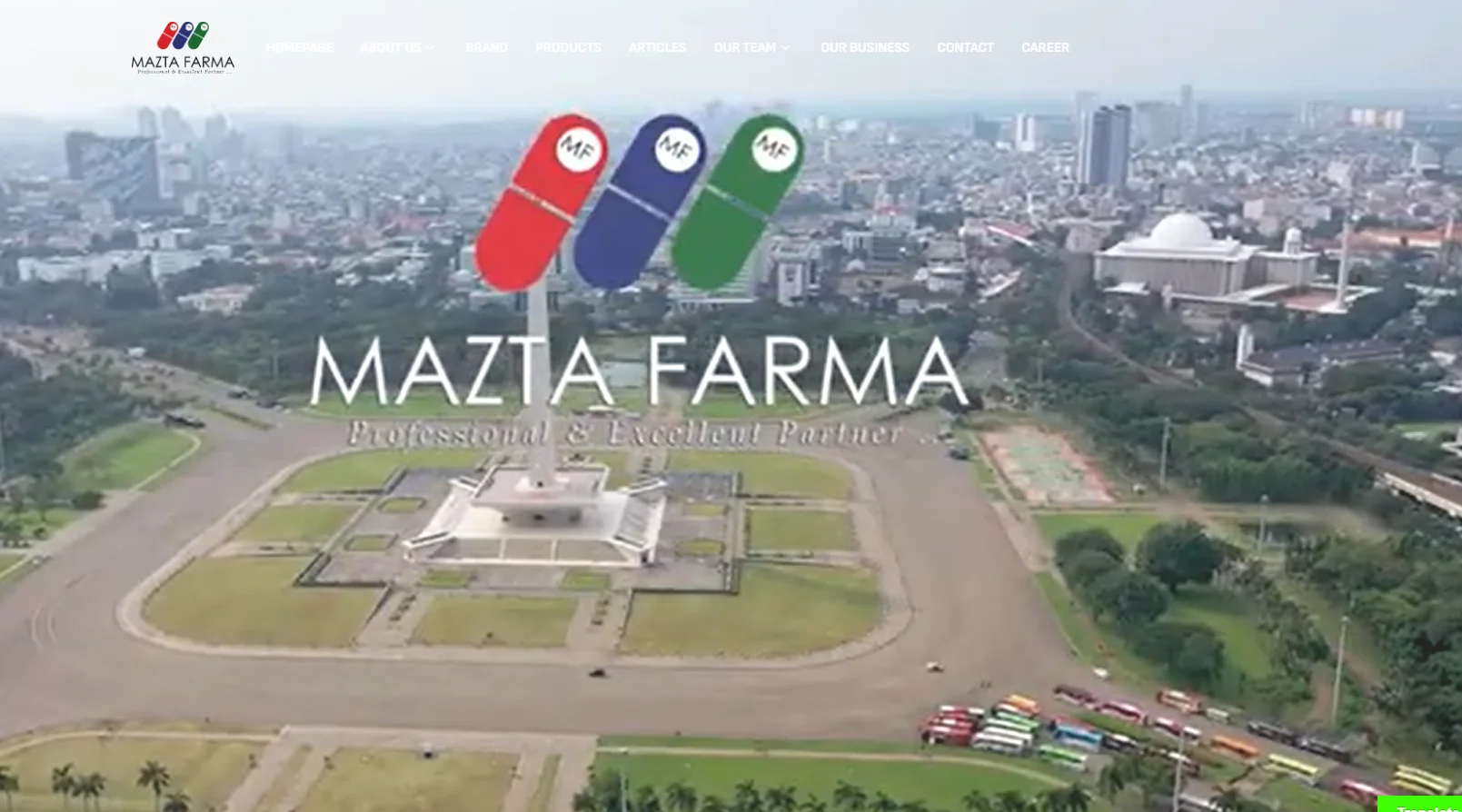 Mazta Farma logo with colorful capsules over city view, showcasing an aerial perspective of urban buildings and a prominent structure.